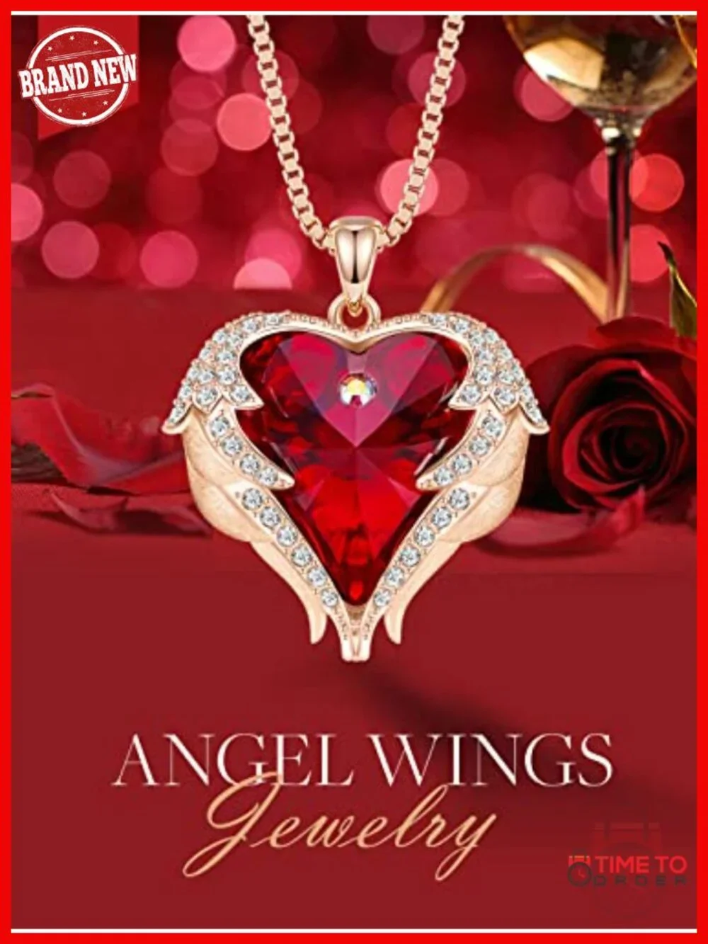 Angel Wings Heart Crystal Pendant Necklace with Cubic Zirconia
